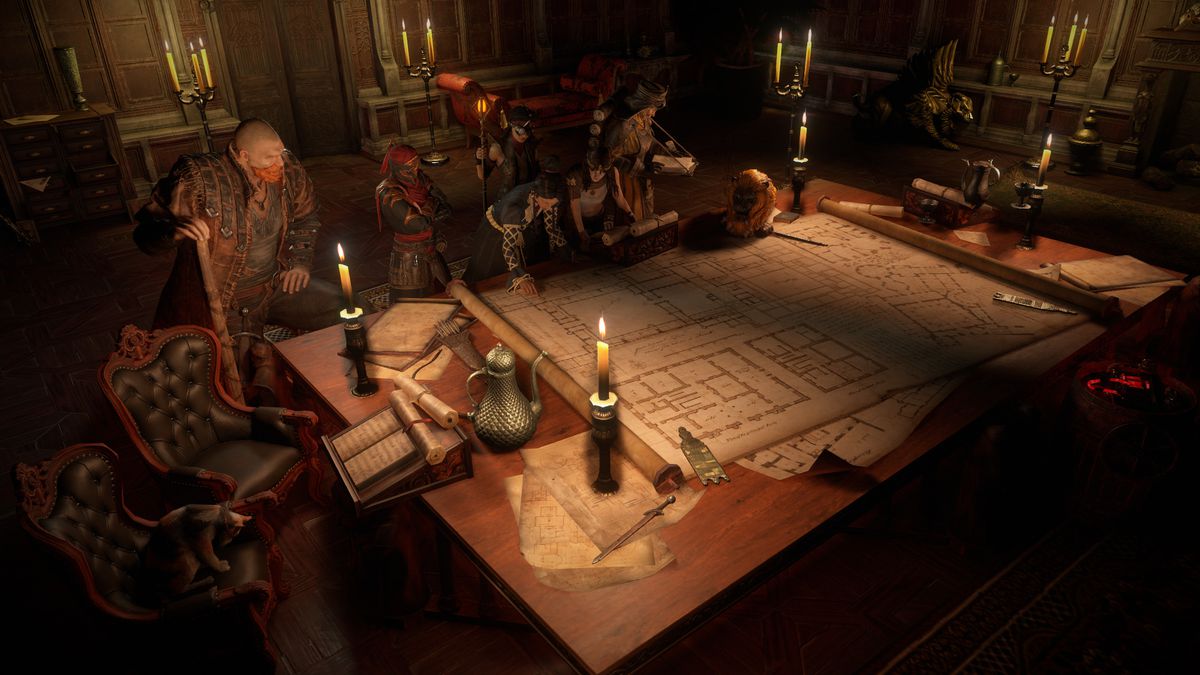 Les personnages se réunissent autour d'une table pour consulter des tomes et des cartes dans Path of Exile