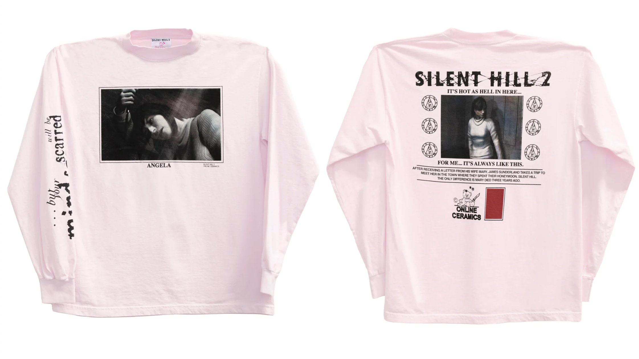Un t-shirt rose à manches longues, avec une photo de Silent Hill 2 et la citation 
