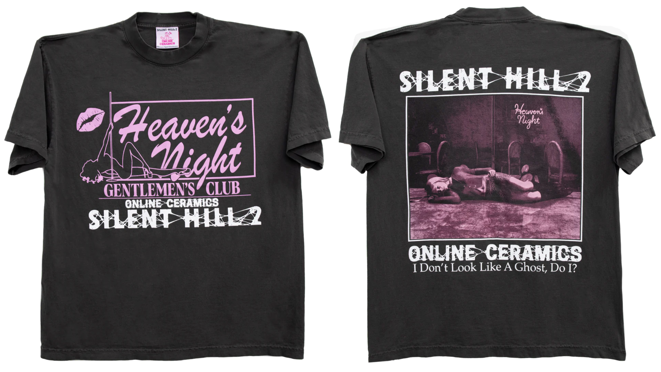 Un t-shirt avec d'un côté le logo du Heaven's Night Gentlemen's Club et de l'autre une photo d'une femme effondrée sur le sol, au-dessus de la citation "Je ne ressemble pas à un fantôme, n'est-ce pas ?"