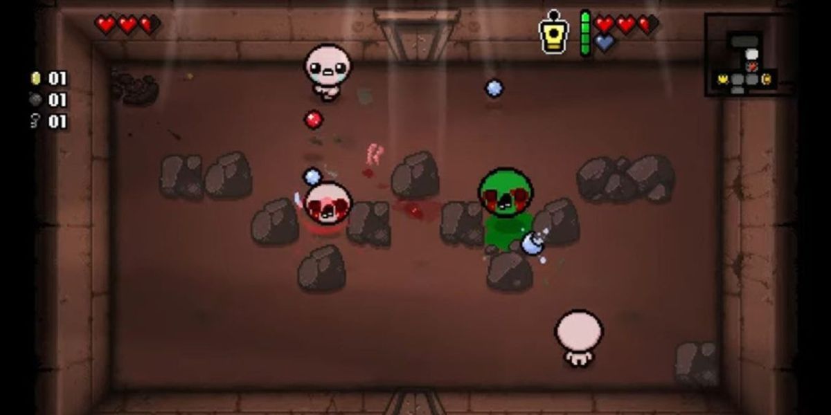Isaac combattant des ennemis dans le sous-sol dans le jeu The Binding of Isaac