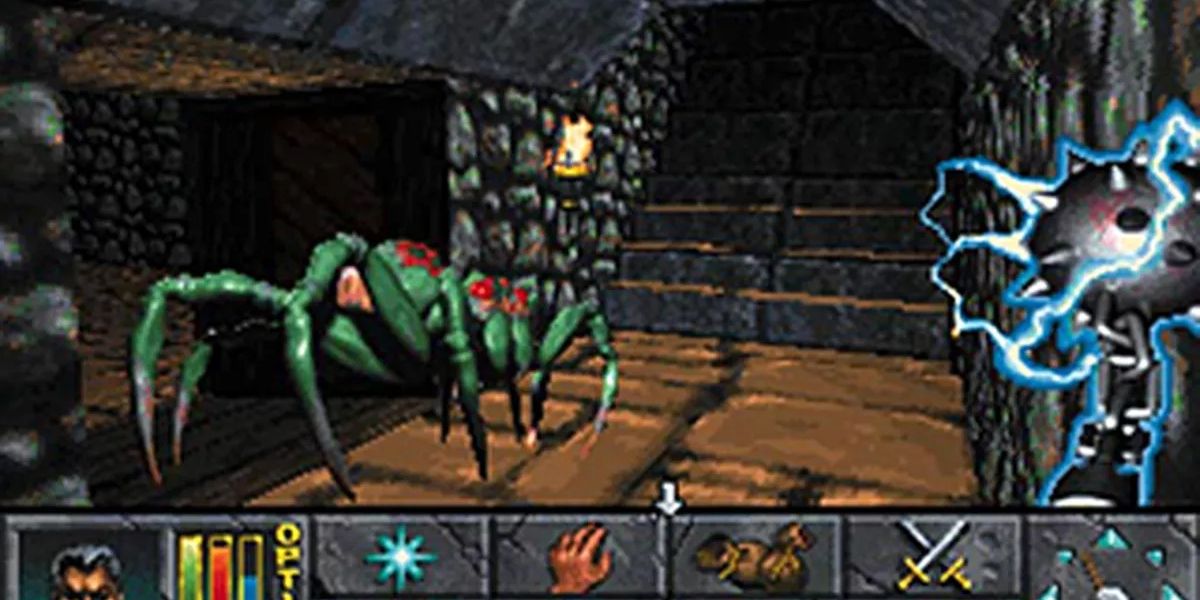Un joueur combattant une araignée dans un donjon The Elder Scrolls II: Daggerfall