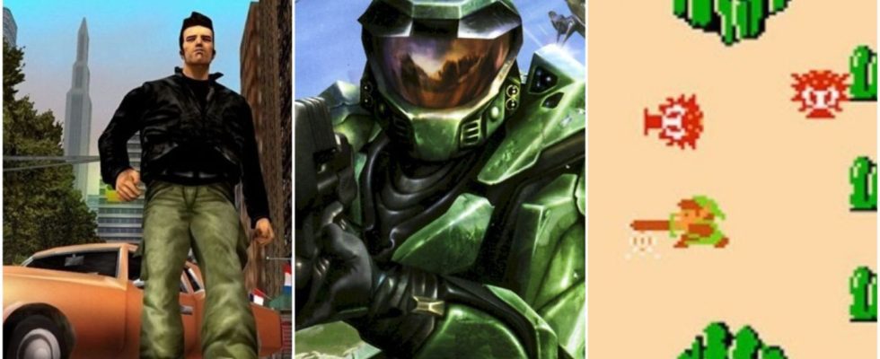 A split image showing Claude from Grand Theft Auto III, Master Chief from Halo: Combat Evolved, and Link from The Legend of Zelda