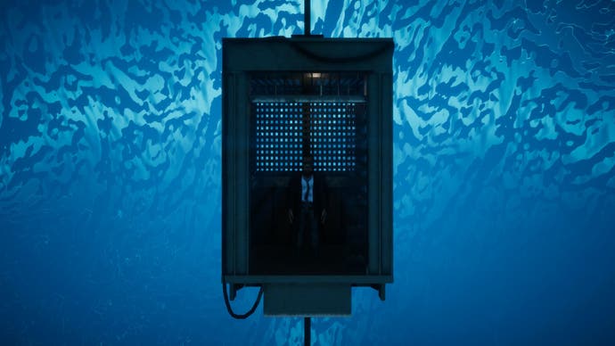 El Paso Elsewhere - debout dans un ascenseur à cadre central sur un fond bleu magique ressemblant à l'océan