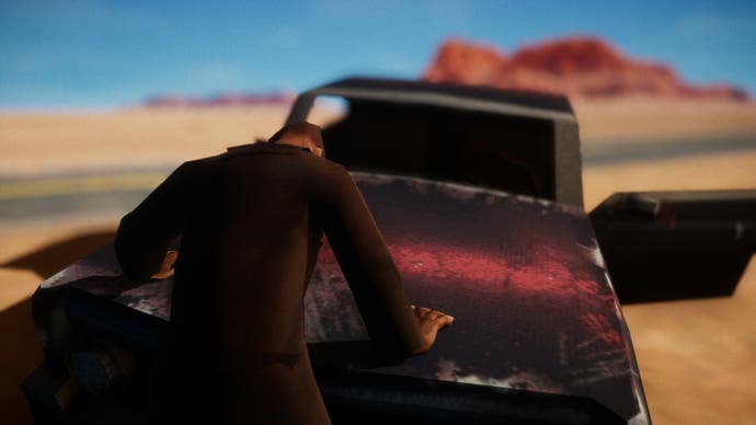 El Paso Elsewhere - le personnage principal penché sur son bonnet de char en détresse lors d'une cinématique dans le désert