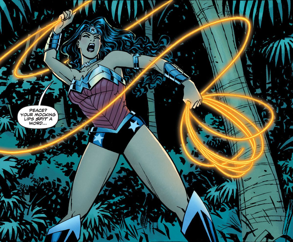 Wonder Woman lance son lasso de vérité tout en disant 