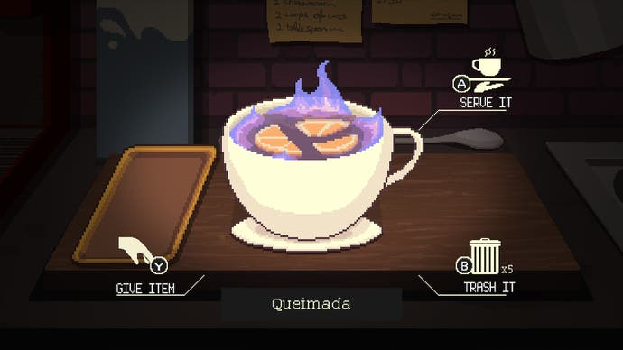 Test de Coffee Talk 2 - capture d'écran montrant une boisson flamboyante violette complexe