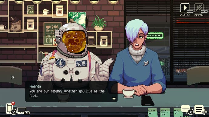 Examen de Coffee Talk 2 - capture d'écran montrant une personne aux cheveux blanc-bleu parlant à un astronaute avec un orbe cosmique orange pour un visage dans sa visière