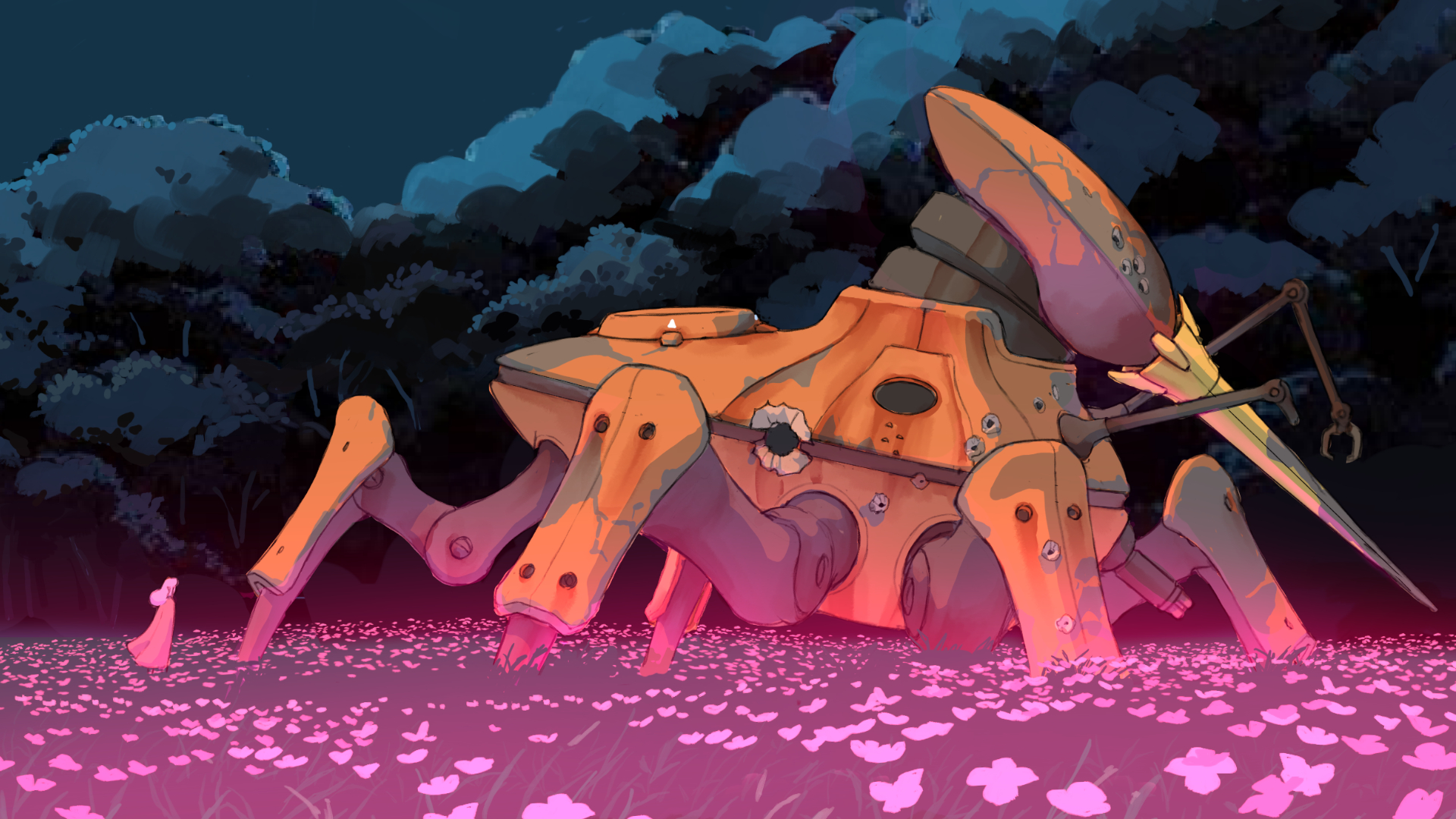 Un personnage masqué se tient à côté d'une machine rouillée et cassée dans un champ de fleurs violettes