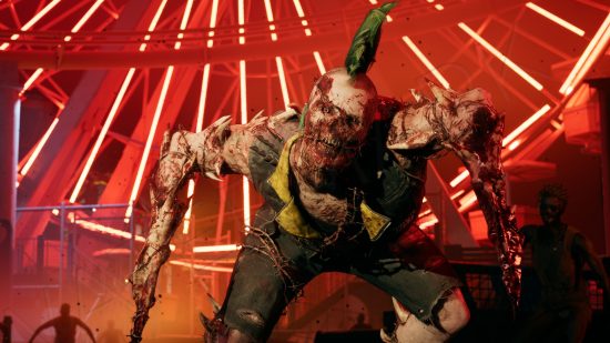 Avis sur Dead Island 2 - Une variante zombie boucher avec un mohawk vert se tient devant les néons rouges d'une grande roue.