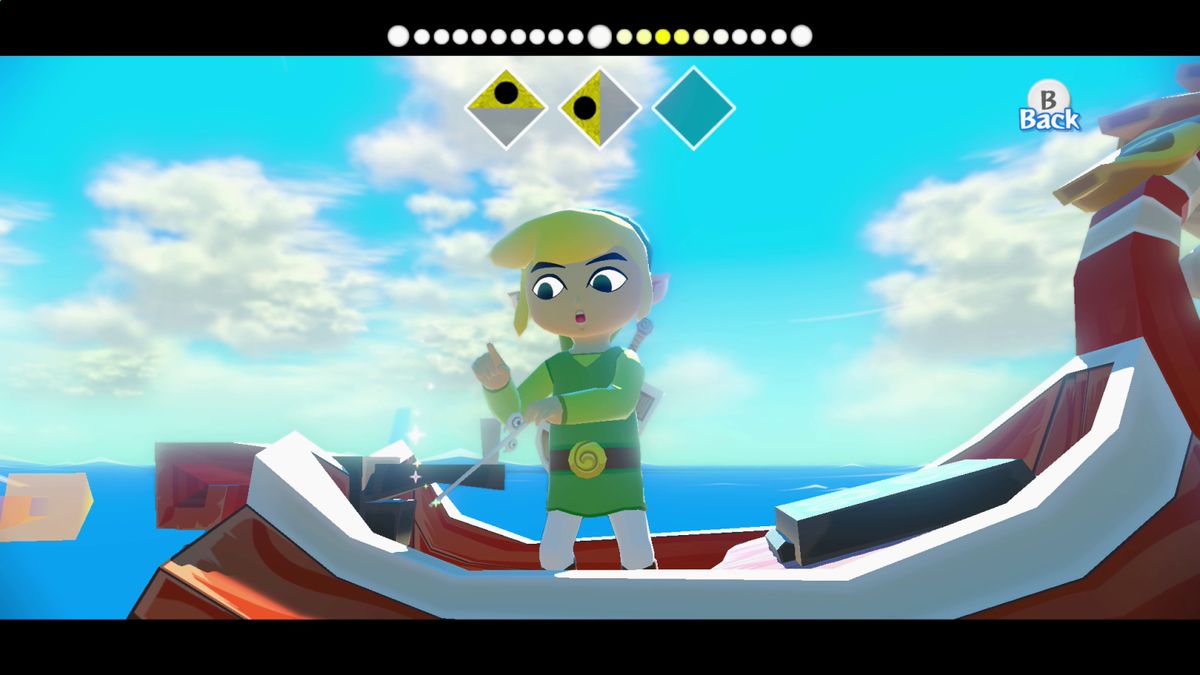 Link utilise le Wind Waker pour changer les vents au sommet du bateau King of Red Lions dans The Legend of Zelda: Wind Waker HD