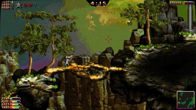 Une capture d'écran de Moons of Darsalon, un jeu de plateforme 2D sur la sauvegarde des astronautes perdus, montrant le joueur créant un pont rudimentaire avec un pistolet à couche terrestre