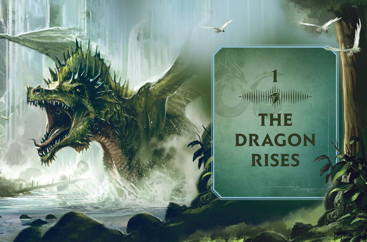 Une page de titre de chapitre pour Lore &  Légendes, chapitre 1, le dragon se lève, montrant un dragon vert enragé sous une cascade.