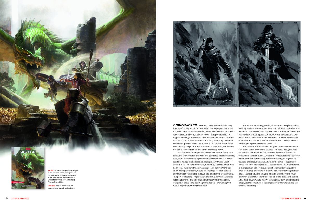 Un échantillon de pages de Lore &  Légendes.  A gauche, la couverture du starter set original de la 5ème édition.  À droite, deux versions d'une image en noir et blanc d'un guerrier terrassant un dragon.