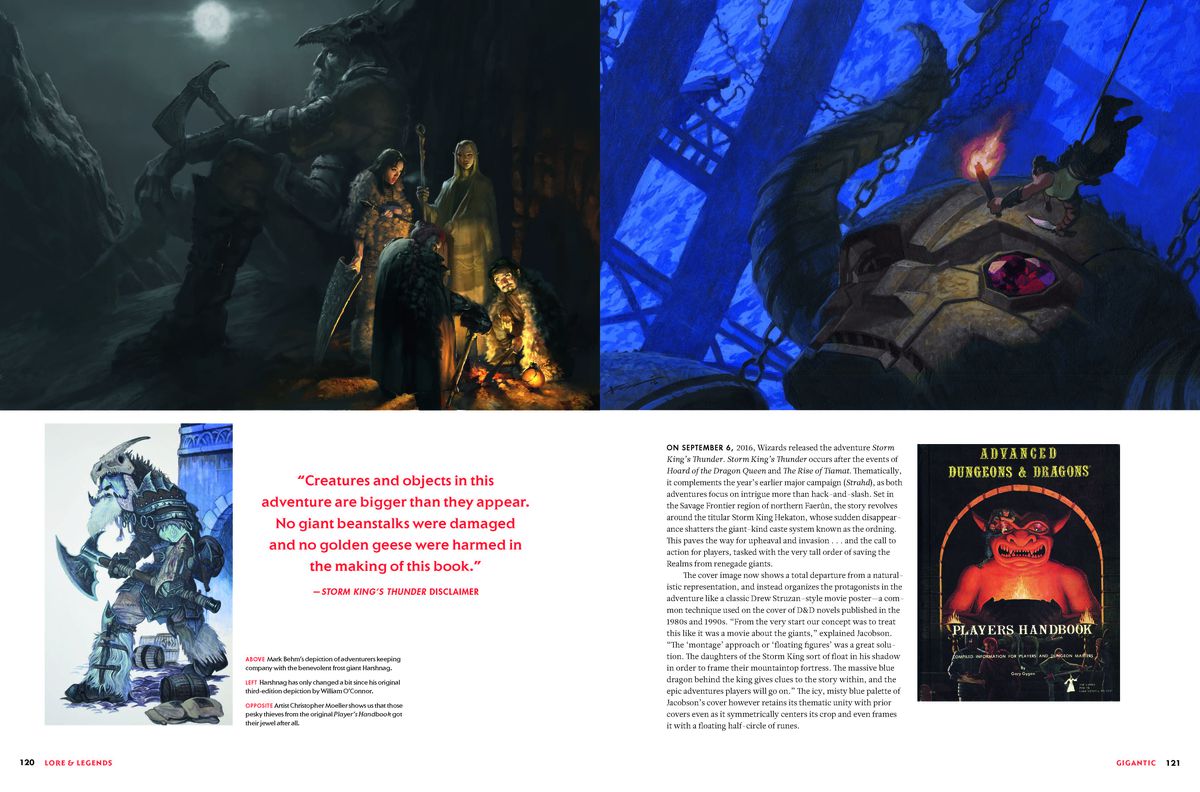 De Lore &  Légendes, une diffusion de deux pages montrant un géant avec une fête D&D, plus un aventurier avec une corde descendant au sommet d'une statue pour voler l'œil bijou.  Un encart montre le manuel du joueur AD&D.