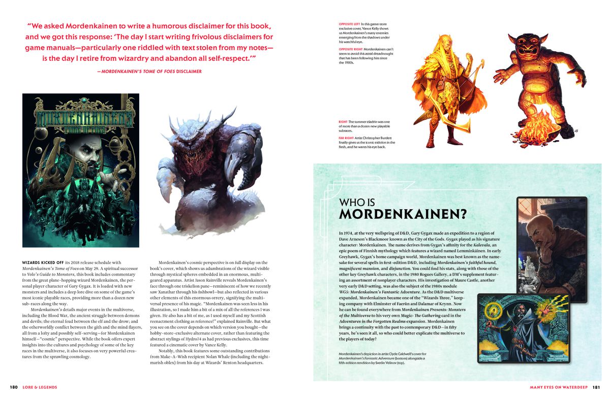 Une diffusion de deux pages de Lore &  Légendes discutant de Mordenkainen, y compris son livre Mordenkainen's Tome of Foes.
