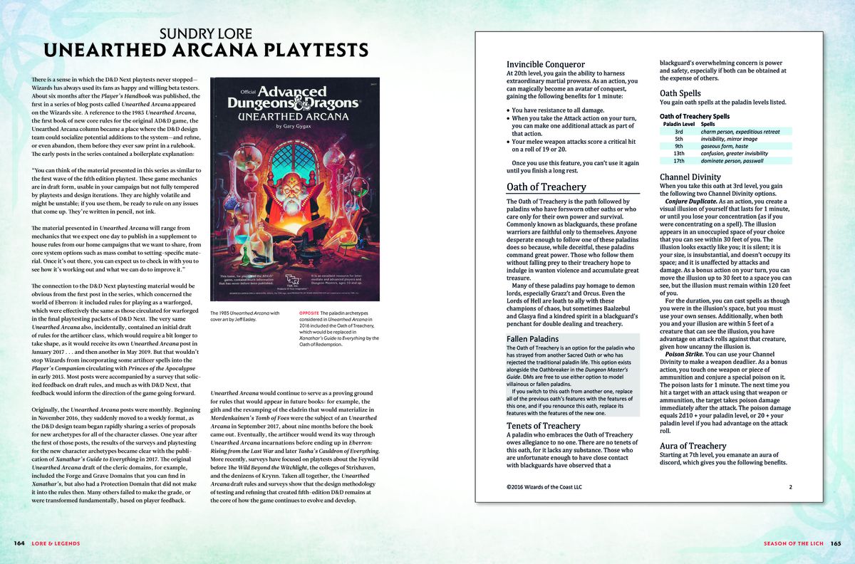 Une diffusion de deux pages de Lore &  Legends discute d'Unearthed Arcana - les tests de jeu qui ont aidé à affiner la 5e édition de D&D avant et après le lancement.