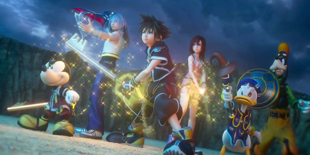 Le roi Mickey, Riku, Sora, Kairi, Donald et Dingo se préparent au combat lors de l'ouverture de Kingdom Hearts III