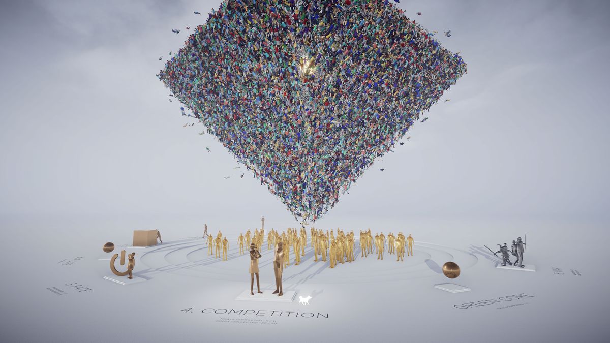 Un énorme cube de corps humains flotte au-dessus de statues dorées dans Humanity, la nouvelle collaboration PlayStation/PC entre tha et Enhance de Tetsuya Mizuguchi. 