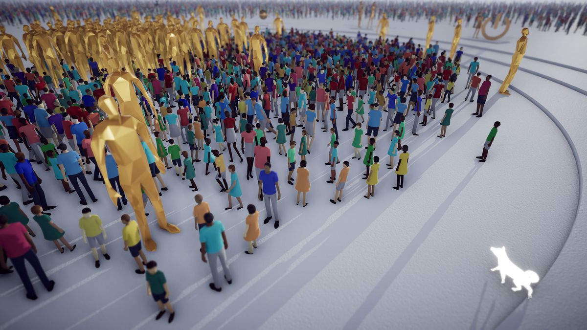 Une foule de personnes sans visage et de hautes statues dorées s'attardent dans Humanity, la nouvelle collaboration PlayStation/PC entre tha et Enhance de Tetsuya Mizuguchi. 