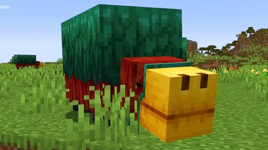 Mise à jour Minecraft - le Sniffer, une créature avec un dos vert et une bouche jaune avec de grandes narines