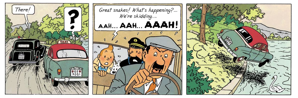Trois panneaux d'une bande dessinée de Tintin, montrant un taxi contenant Tintin et le capitaine Haddock chassé de la route dans un lac