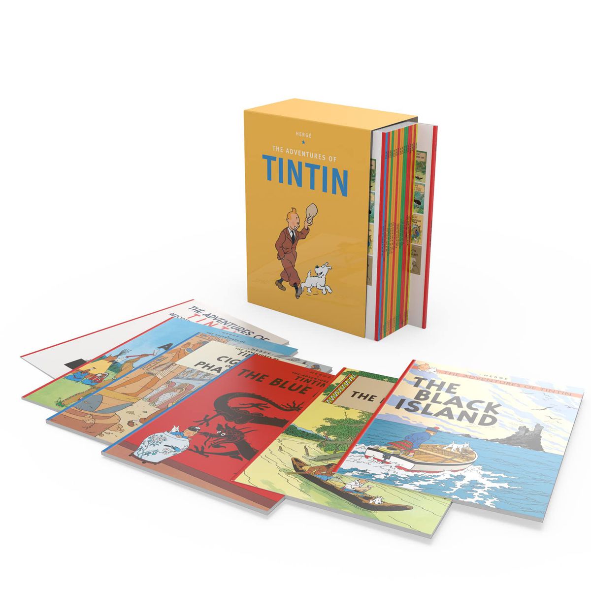 Un coffret Tintin avec plusieurs livres comme L'Ile noire et Le Lotus bleu assis face visible