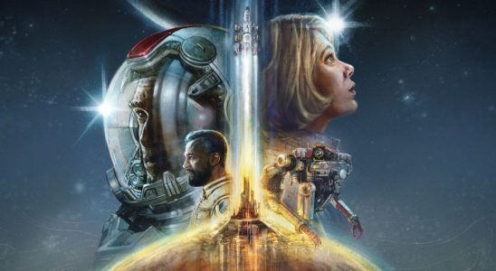 Starfield key art, showing Vasco, a robotic Starfield companion, a shuttle taking flight, and a series of human characters, one wearing an astronaut-style spaceflight helmet.