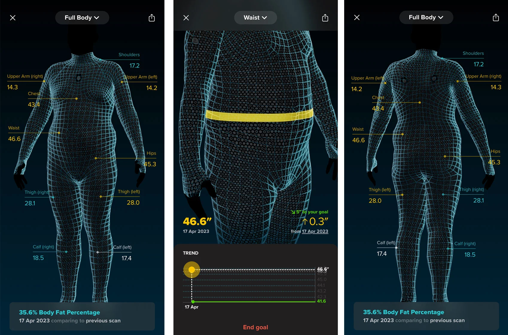 Captures d'écran des mesures prises par Daniel Cooper dans l'application Zozofit montrant un maillage 3D de son corps avec des mesures superposées.