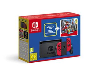 Nintendo Switch (rouge) + code de téléchargement Super Mario Odyssey + autocollants du film Super Mario Bros.