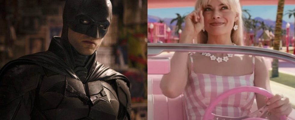 Robert Pattinson as Batman on the left and Margot Robbie as Barbie driving her car in Barbie.