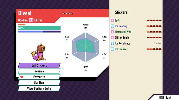 Revue Cassette Beasts - capture d'écran montrant la page de statistiques d'une créature avec une inspiration Pokémon claire