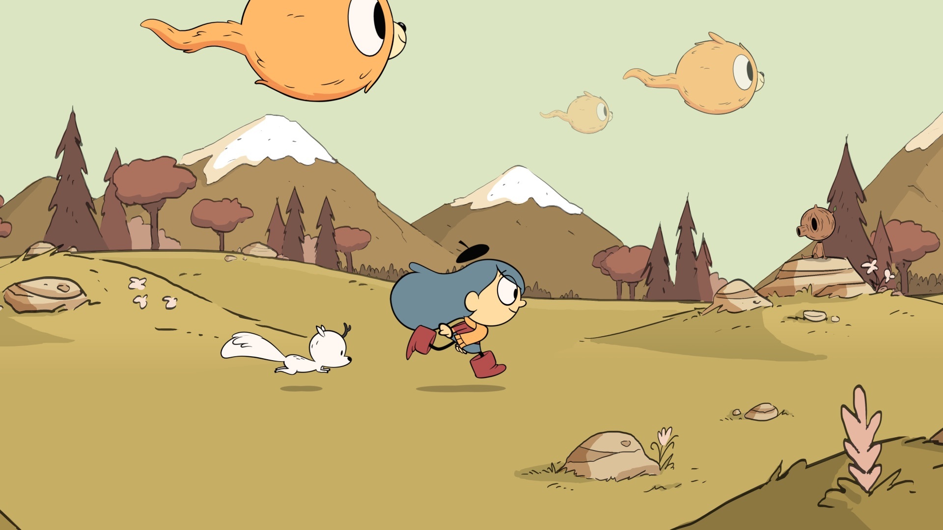 Hilda traverse un champ avec son cher animal de compagnie Twig alors que Woffs vole dans le ciel dans un épisode de Hilda