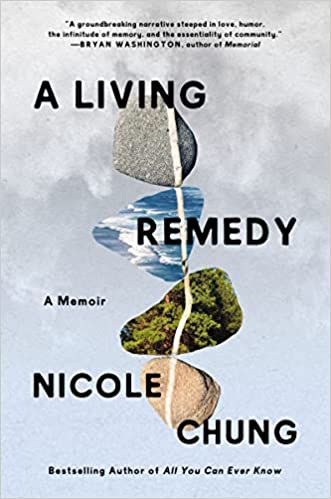 couverture de A Living Remedy: A Memoir de Nicole Chung;  image de quatre rochers en équilibre les uns sur les autres, avec différents éléments en eux