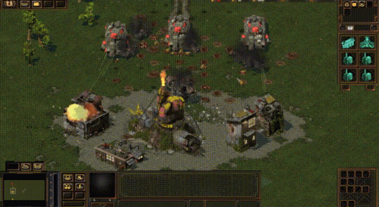 Three huge tanks blowing up buildings in DORF: Real-Time Strategic Conflict.