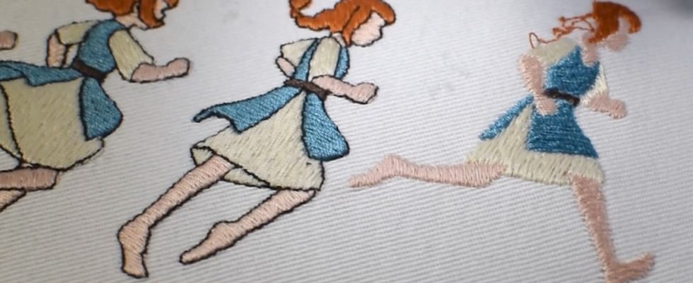 Close up of peasant girl run cycle being embroidered