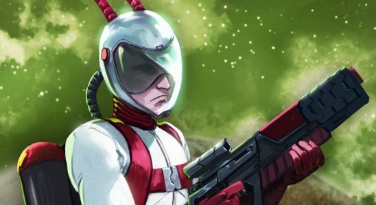 Main Darsonaut holding laser gun and looking tough on green background