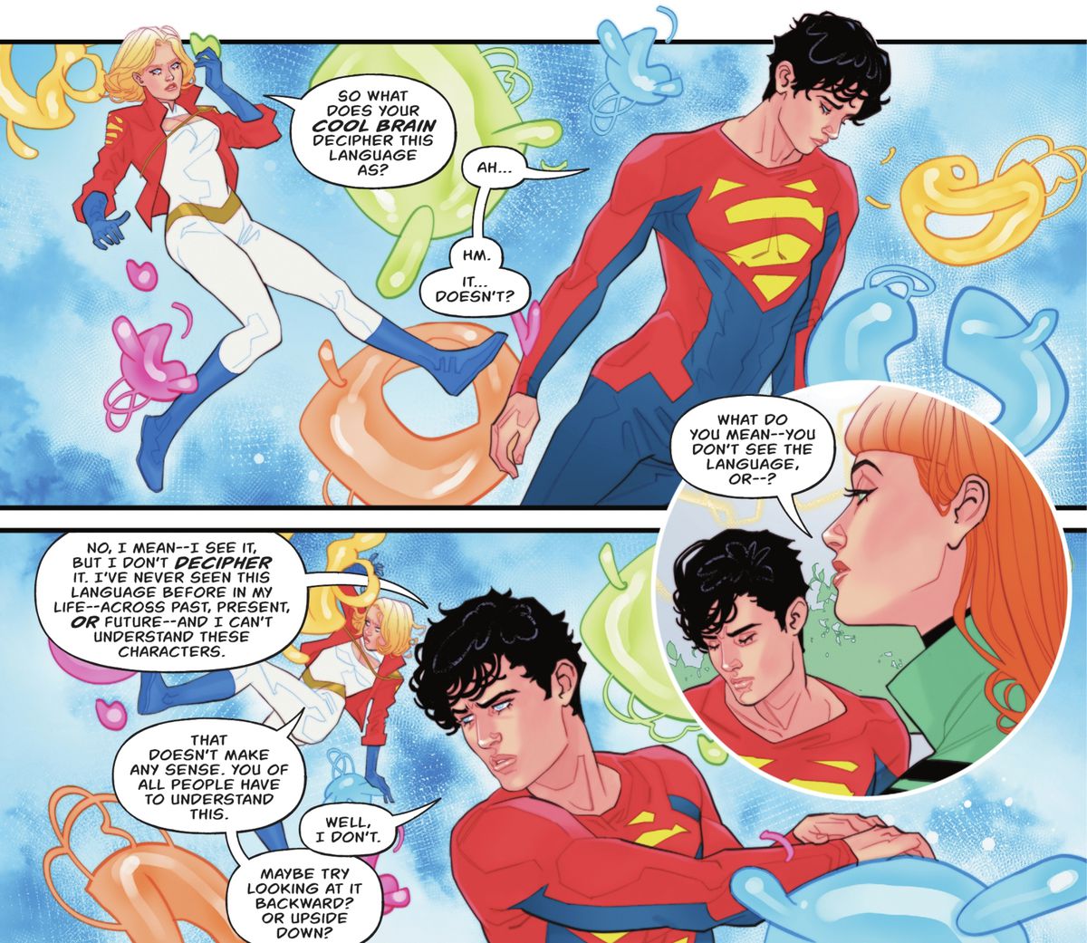 Power Girl et Superman (Jon Kent) flottent à travers une série colorée de formes 3D représentant un langage dans la tête de Jon qu'il ne comprend pas d'une manière ou d'une autre, dans Action Comics # 1053 (2023). 