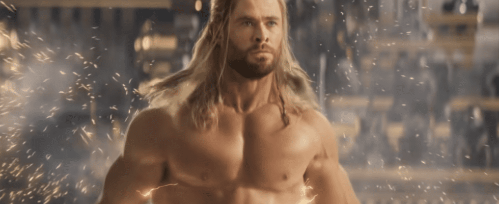Chris Hemsworth shirtless in Thor: Love and Thunder