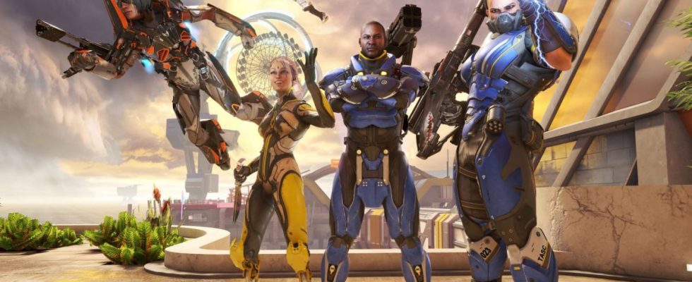 Characters from LawBreakers stand in a row, toting guns.