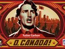 Dans une bande-annonce du nouveau film, intitulé O, Canada, le Premier ministre Justin Trudeau est montré dans le rouge préféré des propagandistes communistes, avec une moustache qui a un style distinctement Assad.