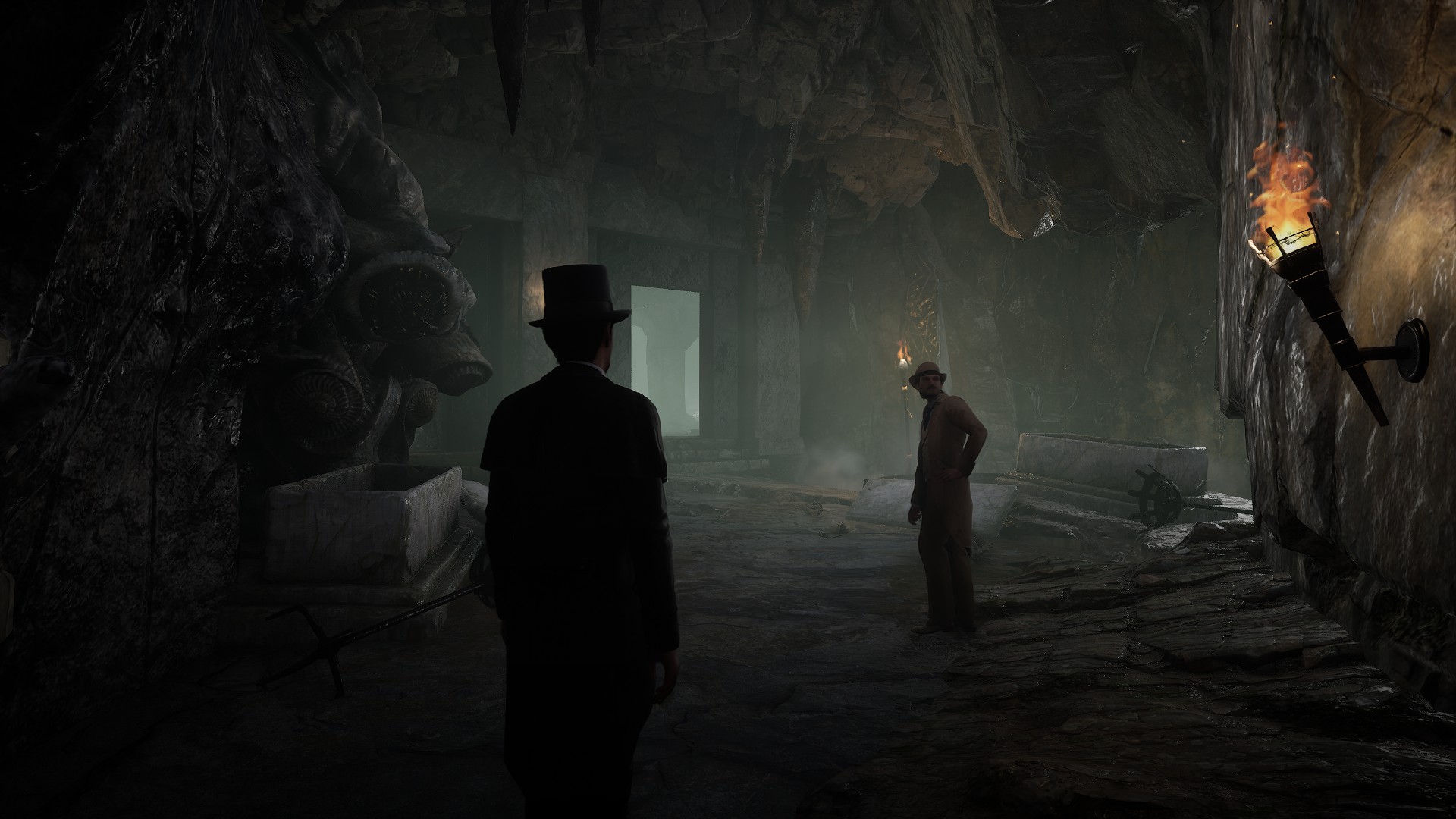 Sherlock et Watson enquêtent sur une chambre souterraine lovecraftienne dans Sherlock Holmes : The Awakened.