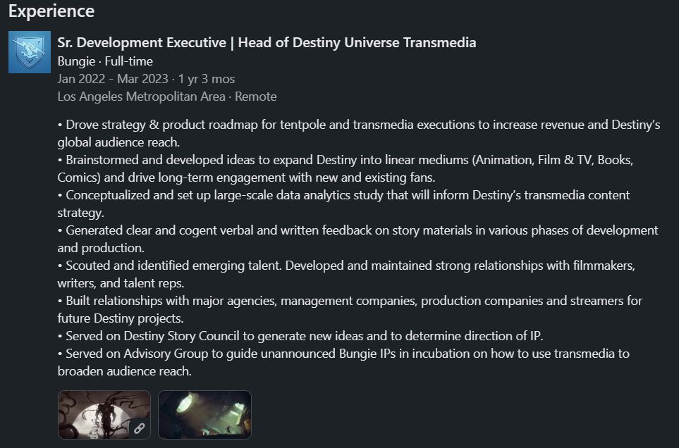 Destiny Head of Transmedia quitte Bungie
