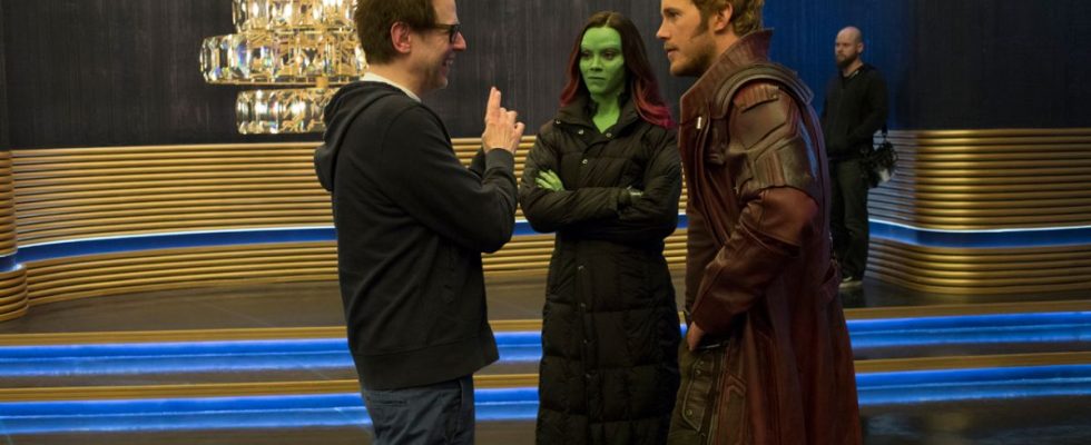 James Gunn with Zoe Saldana and Chris Pratt in Guardians of the Galaxy Vol. 2