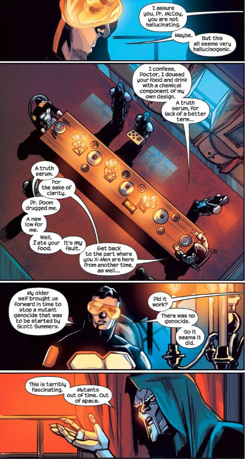 Beast et Doctor Doom expliquent pourquoi Doom a drogué Beast avec un sérum de vérité dans All New X-Men # 34