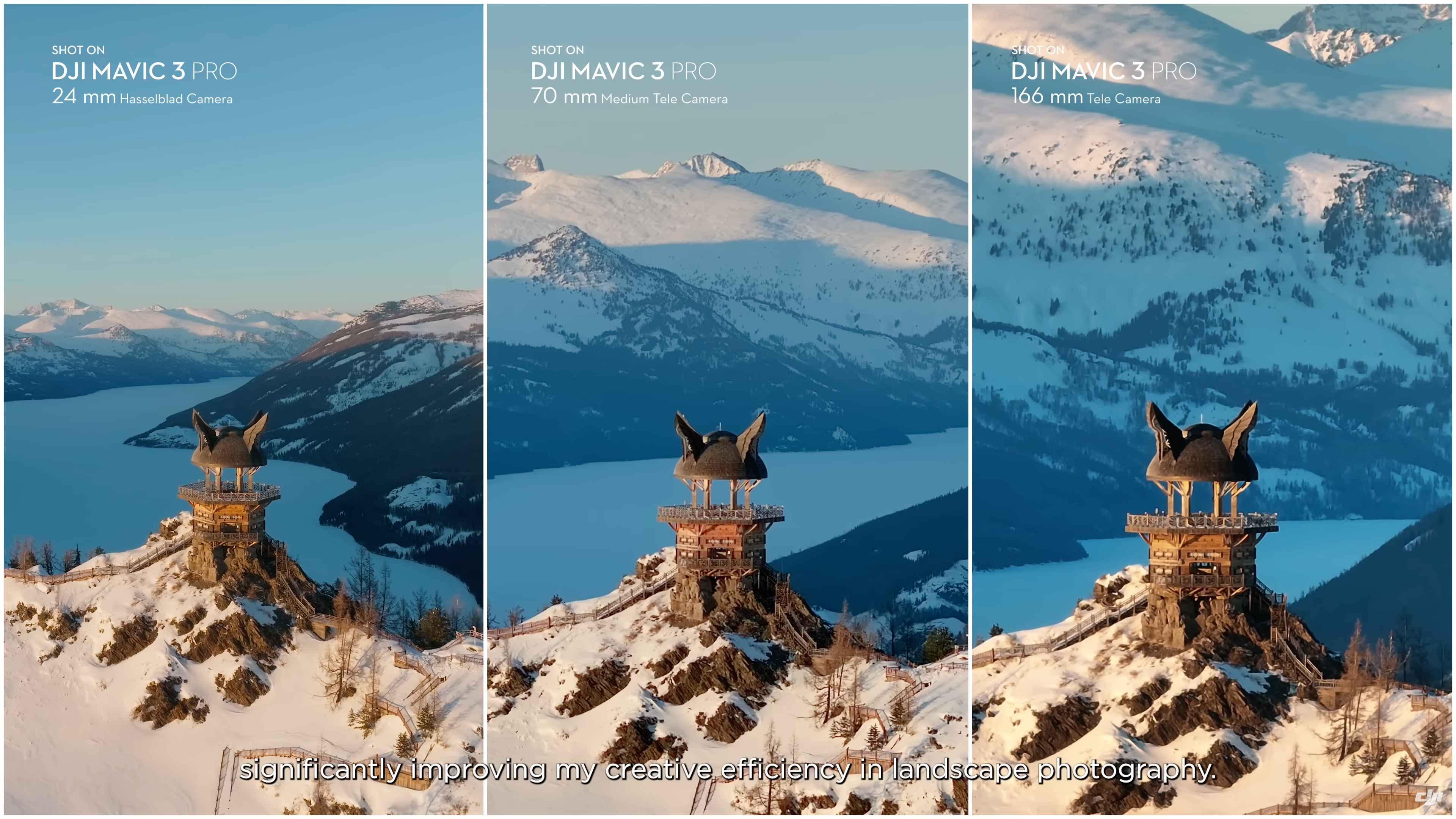 Trois photos d'une montagne et d'une flèche prises avec différents objectifs Mavic 3 Pro