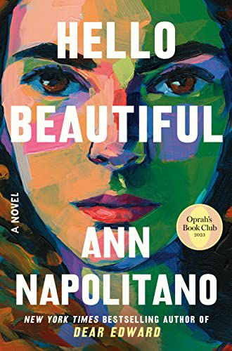 couverture de Hello Beautiful d'Ann Napolitano;  peinture d'un visage de femme en rose et vert