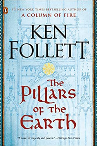 couverture de The Pillars of the Earth de Ken Follett ;  illustration bleu clair de la façade d'une église