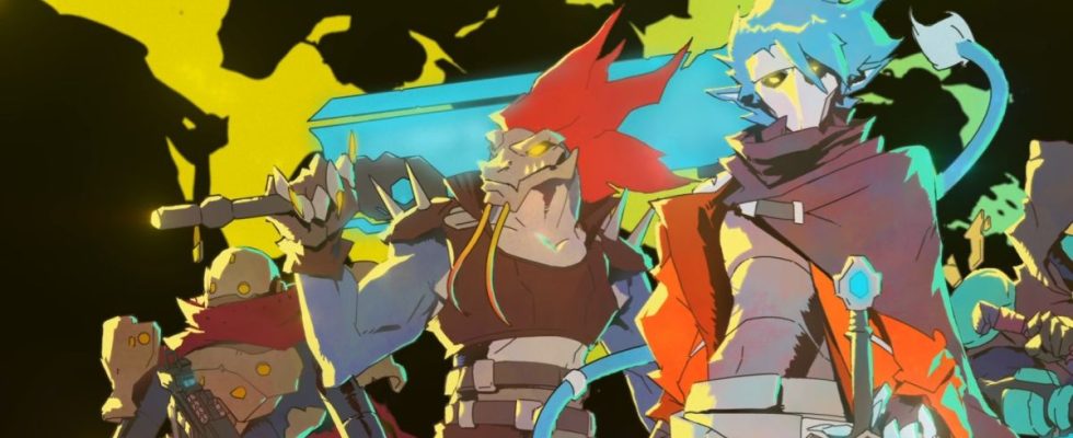 Hyper Light Breaker player characters standing in a row with yellow cloud and dark background behind