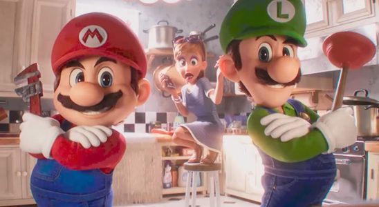 Mario and Luigi strike poses while wielding a wrench and a plunger, respectively, and a woman cowers atop a stool in the background.