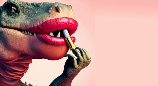 A dinosaur putting on lipstick.